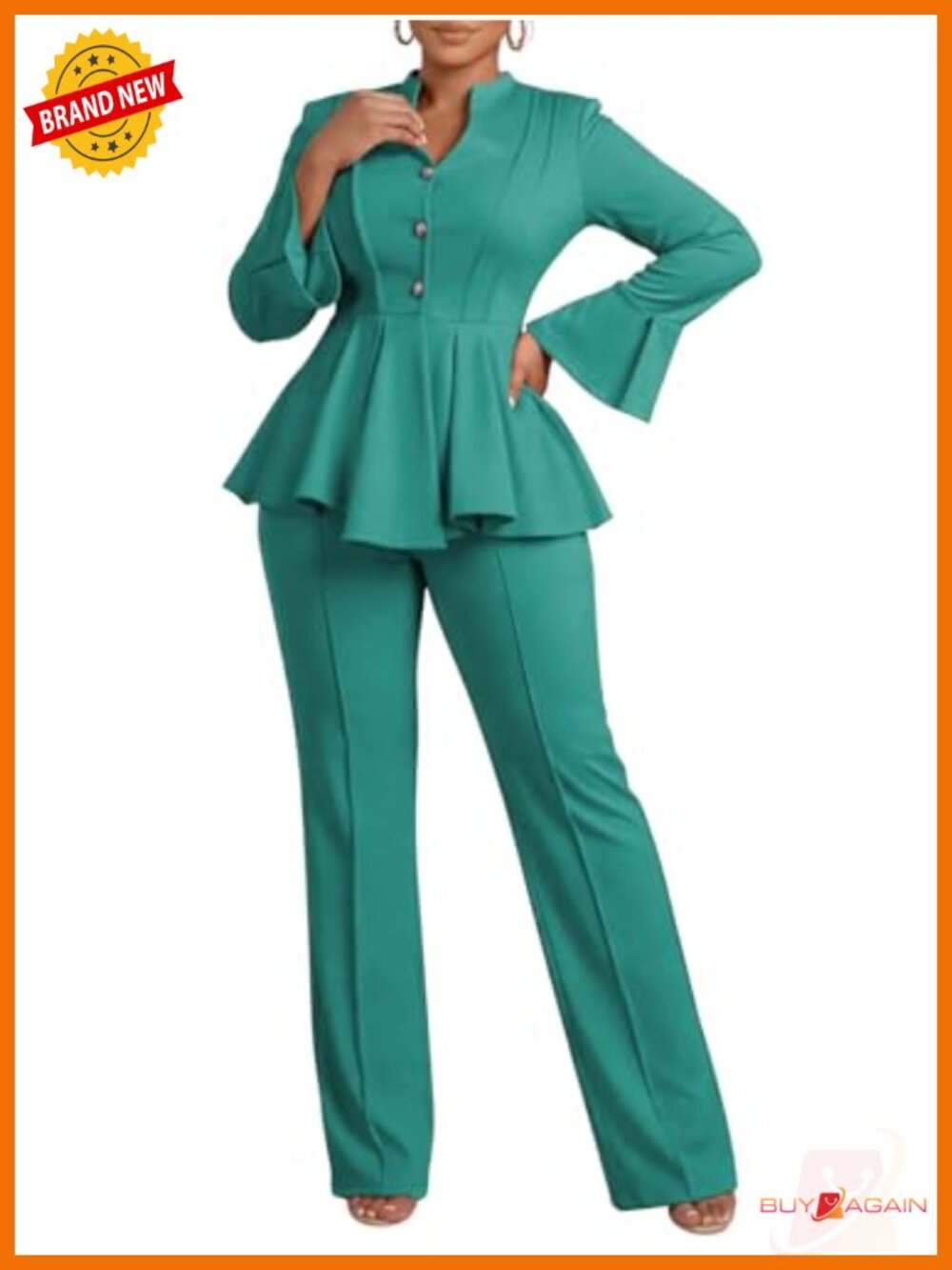 Women's 2 Piece Outfits Bell Sleeve Peplum Top Wide Leg Pants Suit Set